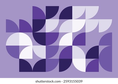 A modern abstract geometric artwork with curved and quarter-circle shapes in shades of purple. The seamless composition creates a rhythmic flow, combining symmetry and organic balance.