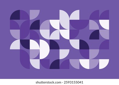 A modern abstract geometric artwork with curved and quarter-circle shapes in shades of purple. The seamless composition creates a rhythmic flow, combining symmetry and organic balance.