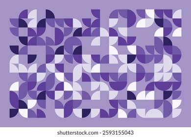 A modern abstract geometric artwork with curved and quarter-circle shapes in shades of purple. The seamless composition creates a rhythmic flow, combining symmetry and organic balance.