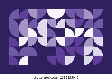 A modern abstract geometric artwork with curved and quarter-circle shapes in shades of purple. The seamless composition creates a rhythmic flow, combining symmetry and organic balance.