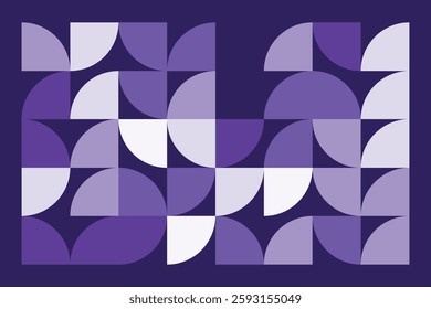 A modern abstract geometric artwork with curved and quarter-circle shapes in shades of purple. The seamless composition creates a rhythmic flow, combining symmetry and organic balance.