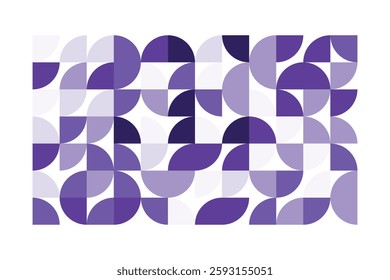 A modern abstract geometric artwork with curved and quarter-circle shapes in shades of purple. The seamless composition creates a rhythmic flow, combining symmetry and organic balance.