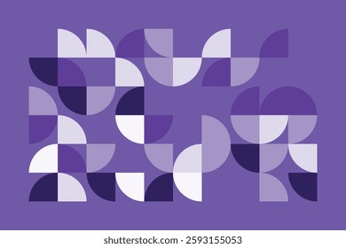 A modern abstract geometric artwork with curved and quarter-circle shapes in shades of purple. The seamless composition creates a rhythmic flow, combining symmetry and organic balance.