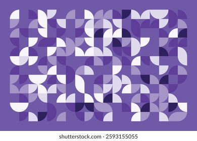 A modern abstract geometric artwork with curved and quarter-circle shapes in shades of purple. The seamless composition creates a rhythmic flow, combining symmetry and organic balance.