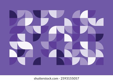 A modern abstract geometric artwork with curved and quarter-circle shapes in shades of purple. The seamless composition creates a rhythmic flow, combining symmetry and organic balance.