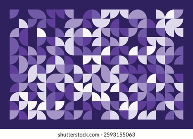 A modern abstract geometric artwork with curved and quarter-circle shapes in shades of purple. The seamless composition creates a rhythmic flow, combining symmetry and organic balance.