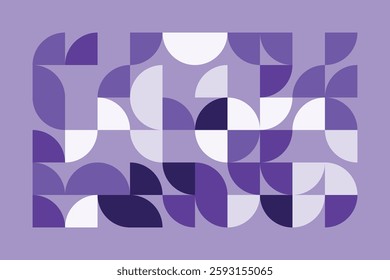 A modern abstract geometric artwork with curved and quarter-circle shapes in shades of purple. The seamless composition creates a rhythmic flow, combining symmetry and organic balance.