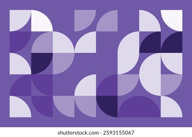 A modern abstract geometric artwork with curved and quarter-circle shapes in shades of purple. The seamless composition creates a rhythmic flow, combining symmetry and organic balance.