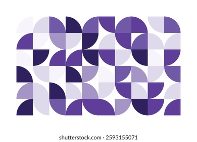 A modern abstract geometric artwork with curved and quarter-circle shapes in shades of purple. The seamless composition creates a rhythmic flow, combining symmetry and organic balance.