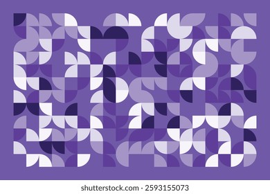 A modern abstract geometric artwork with curved and quarter-circle shapes in shades of purple. The seamless composition creates a rhythmic flow, combining symmetry and organic balance.