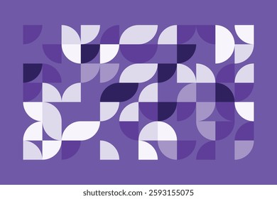 A modern abstract geometric artwork with curved and quarter-circle shapes in shades of purple. The seamless composition creates a rhythmic flow, combining symmetry and organic balance.