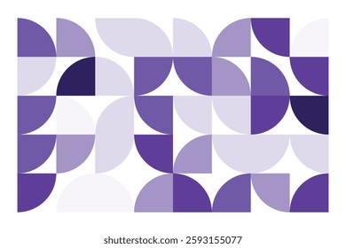 A modern abstract geometric artwork with curved and quarter-circle shapes in shades of purple. The seamless composition creates a rhythmic flow, combining symmetry and organic balance.