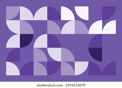 A modern abstract geometric artwork with curved and quarter-circle shapes in shades of purple. The seamless composition creates a rhythmic flow, combining symmetry and organic balance.