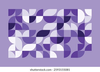 A modern abstract geometric artwork with curved and quarter-circle shapes in shades of purple. The seamless composition creates a rhythmic flow, combining symmetry and organic balance.