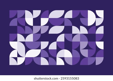 A modern abstract geometric artwork with curved and quarter-circle shapes in shades of purple. The seamless composition creates a rhythmic flow, combining symmetry and organic balance.