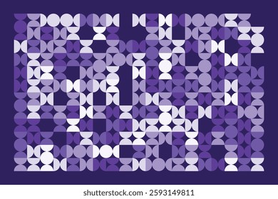 A modern abstract geometric artwork with interlocking circular and semi-circular shapes in shades of purple. The rhythmic pattern creates a visually appealing, structured, and contemporary design.