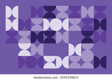 A modern abstract geometric artwork with interlocking circular and semi-circular shapes in shades of purple. The rhythmic pattern creates a visually appealing, structured, and contemporary design.