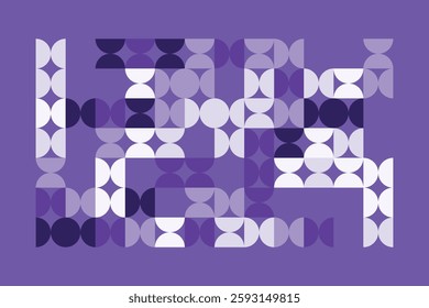 A modern abstract geometric artwork with interlocking circular and semi-circular shapes in shades of purple. The rhythmic pattern creates a visually appealing, structured, and contemporary design.