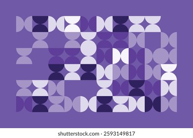 A modern abstract geometric artwork with interlocking circular and semi-circular shapes in shades of purple. The rhythmic pattern creates a visually appealing, structured, and contemporary design.