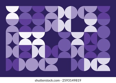 A modern abstract geometric artwork with interlocking circular and semi-circular shapes in shades of purple. The rhythmic pattern creates a visually appealing, structured, and contemporary design.