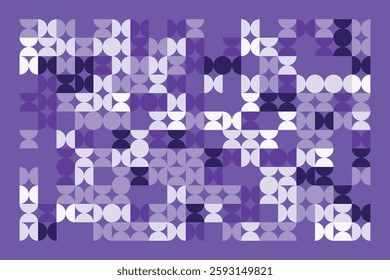 A modern abstract geometric artwork with interlocking circular and semi-circular shapes in shades of purple. The rhythmic pattern creates a visually appealing, structured, and contemporary design.