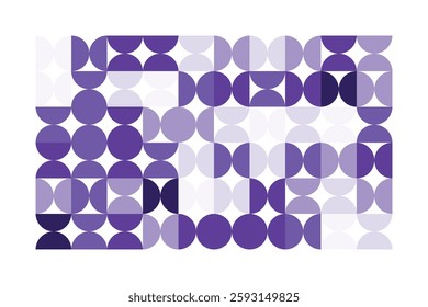 A modern abstract geometric artwork with interlocking circular and semi-circular shapes in shades of purple. The rhythmic pattern creates a visually appealing, structured, and contemporary design.