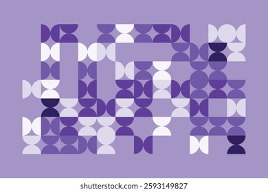 A modern abstract geometric artwork with interlocking circular and semi-circular shapes in shades of purple. The rhythmic pattern creates a visually appealing, structured, and contemporary design.