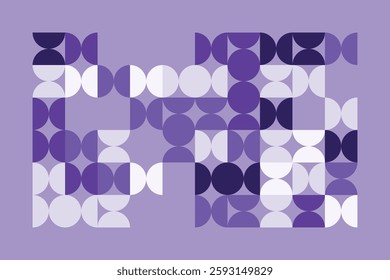 A modern abstract geometric artwork with interlocking circular and semi-circular shapes in shades of purple. The rhythmic pattern creates a visually appealing, structured, and contemporary design.