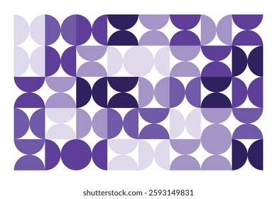 A modern abstract geometric artwork with interlocking circular and semi-circular shapes in shades of purple. The rhythmic pattern creates a visually appealing, structured, and contemporary design.