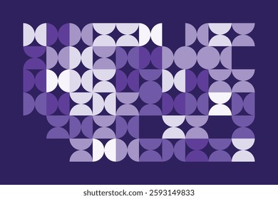 A modern abstract geometric artwork with interlocking circular and semi-circular shapes in shades of purple. The rhythmic pattern creates a visually appealing, structured, and contemporary design.