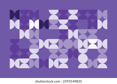 A modern abstract geometric artwork with interlocking circular and semi-circular shapes in shades of purple. The rhythmic pattern creates a visually appealing, structured, and contemporary design.