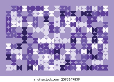 A modern abstract geometric artwork with interlocking circular and semi-circular shapes in shades of purple. The rhythmic pattern creates a visually appealing, structured, and contemporary design.