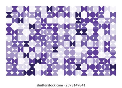 A modern abstract geometric artwork with interlocking circular and semi-circular shapes in shades of purple. The rhythmic pattern creates a visually appealing, structured, and contemporary design.