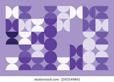 A modern abstract geometric artwork with interlocking circular and semi-circular shapes in shades of purple. The rhythmic pattern creates a visually appealing, structured, and contemporary design.