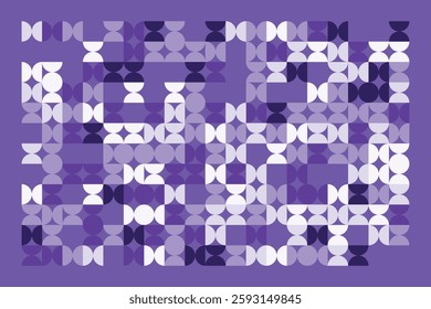 A modern abstract geometric artwork with interlocking circular and semi-circular shapes in shades of purple. The rhythmic pattern creates a visually appealing, structured, and contemporary design.