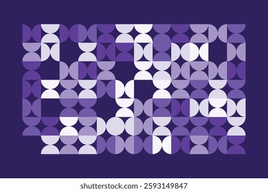 A modern abstract geometric artwork with interlocking circular and semi-circular shapes in shades of purple. The rhythmic pattern creates a visually appealing, structured, and contemporary design.