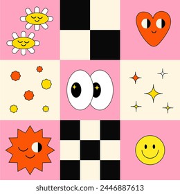 Modern abstract geometric background. Acid style, squares, stars, circles and emoji. Red love heart seamless pattern illustration. Cool Y2K Stickers
