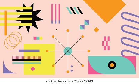 A modern abstract geometric background with colorful shapes, circles, lines. Vibrant design ideal for digital artwork, contemporary prints, creative projects, and trendy compositions.