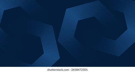 Fondo geométrico abstracto moderno con tonos azules oscuros y patrones de línea hexagonales en capas que crean un diseño dinámico y futurista.