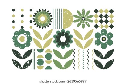 Fondo geométrico abstracto moderno con textura angustiada. Patrón orgánico de mosaico de grano grueso. Collage conceptual verde con flor. Partículas sonoras de Vector de grano. Ilustración minimalista.