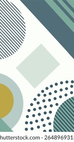 A modern abstract geometric background featuring a minimalist design with overlapping shapes, stripes, and polka dots in a muted color palette of teal, sage green, and gold.