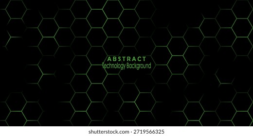 Fondo geométrico abstracto moderno con hexágonos brillantes verdes en negro, adecuado para presentaciones tecnológicas y diseños futuristas.