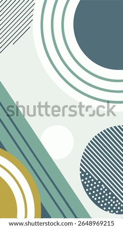 A modern abstract geometric background featuring a palette of muted teal, navy blue, mustard yellow, and off-white with clean lines and curved shapes.