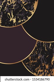 Modern abstract geometric background with golden rounded lines and black and marble circles.