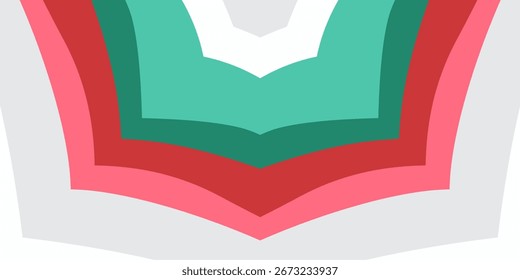 Un fondo geométrico moderno y abstracto con Formas en capas en una paleta de Navidades festivas de rojo, rosa y verde azulado.