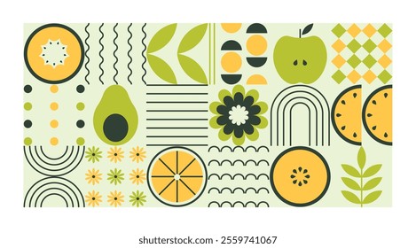 Modern abstract geometric background. Mosaic organic pattern. Fresh yellow-green conceptual collage. Eco-friendly minimalistic vector. Natural simple illustration whit fruits. Flat style.