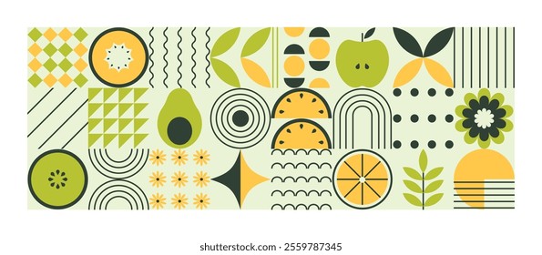 Modern abstract geometric background. Mosaic eco-friendly minimalistic vector. Organic pattern flat style. Fresh yellow-green conceptual collage. Natural simple horizontal illustration whit fruits.