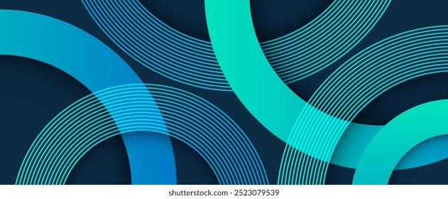 Modern abstract geometric background with shadow. Trendy blue green gradient shapes composition. Circle lines pattern. Minimal geometric design. Vector illustration