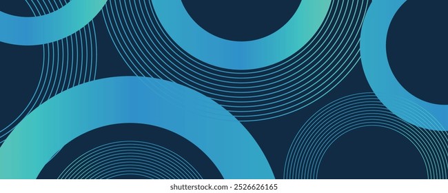 Fundo geométrico abstrato moderno com sombra. Composição de formas de gradiente verde azul da moda. Padrão de linhas de círculo. 