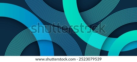 Modern abstract geometric background with shadow. Trendy blue green gradient shapes composition. Circle lines pattern. Minimal geometric design. Vector illustration
